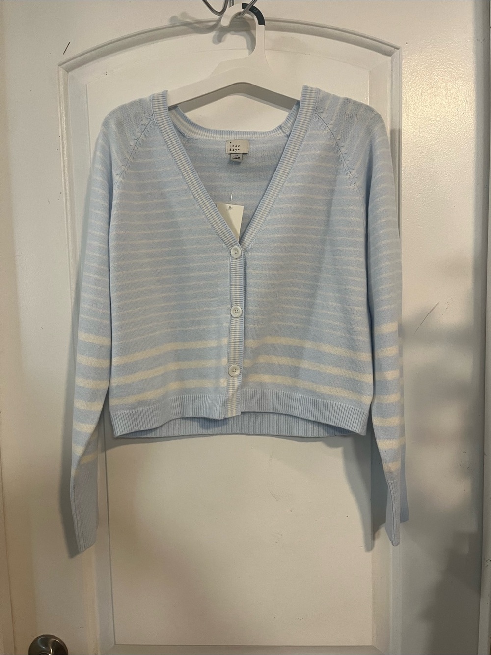 a new day Light Blue & White Striped V-Neck Button Cardigan